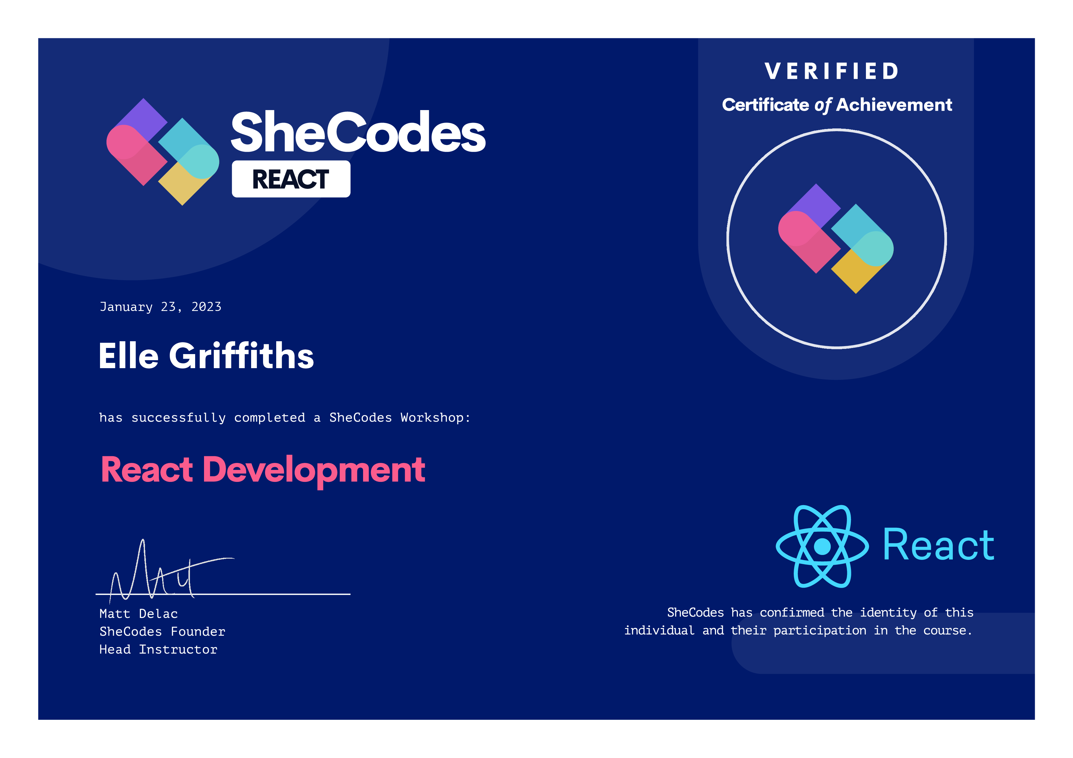 Certificate for completing Shecodes react course.