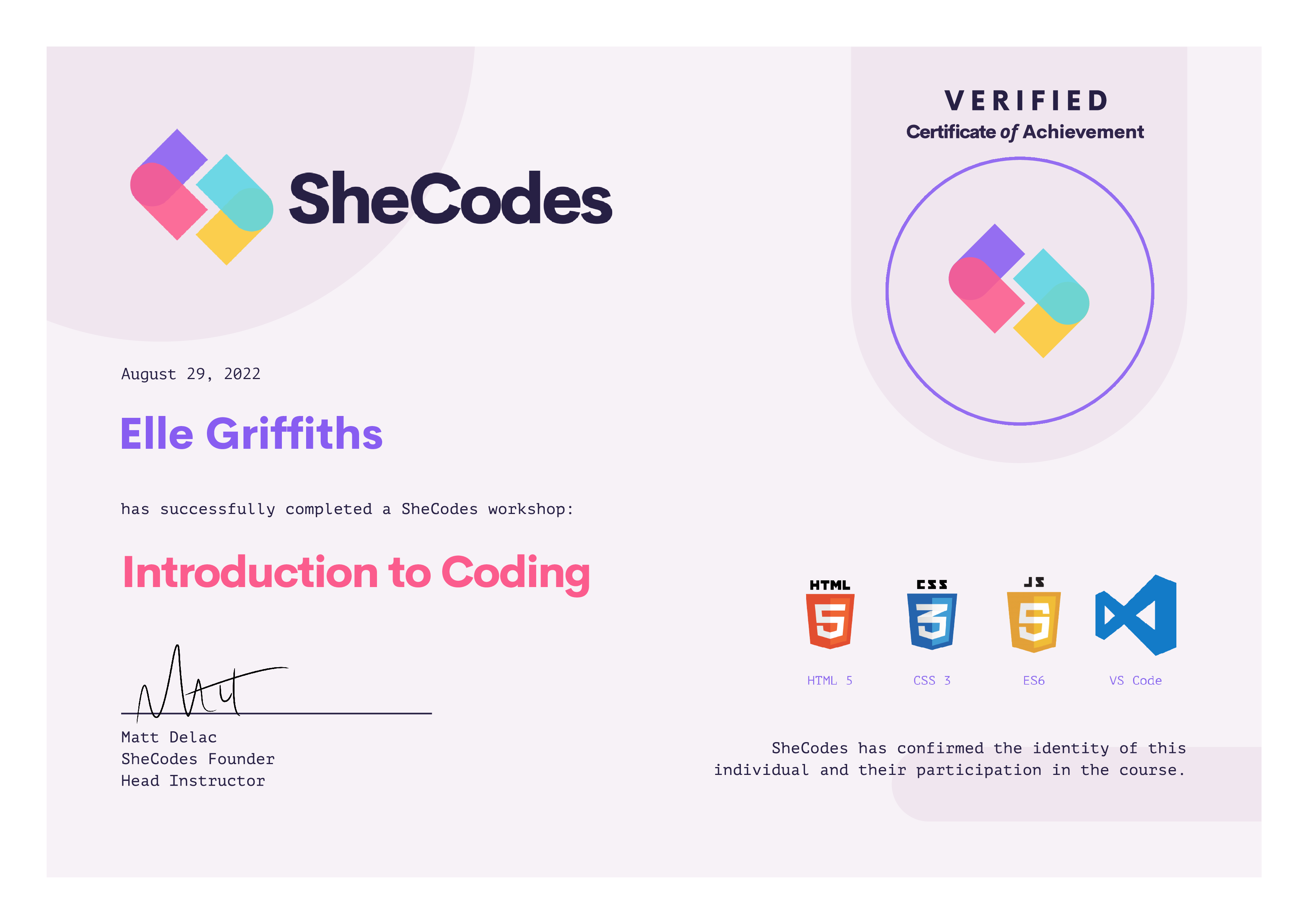 Certificate for completing Shecodes Intro to coding course.