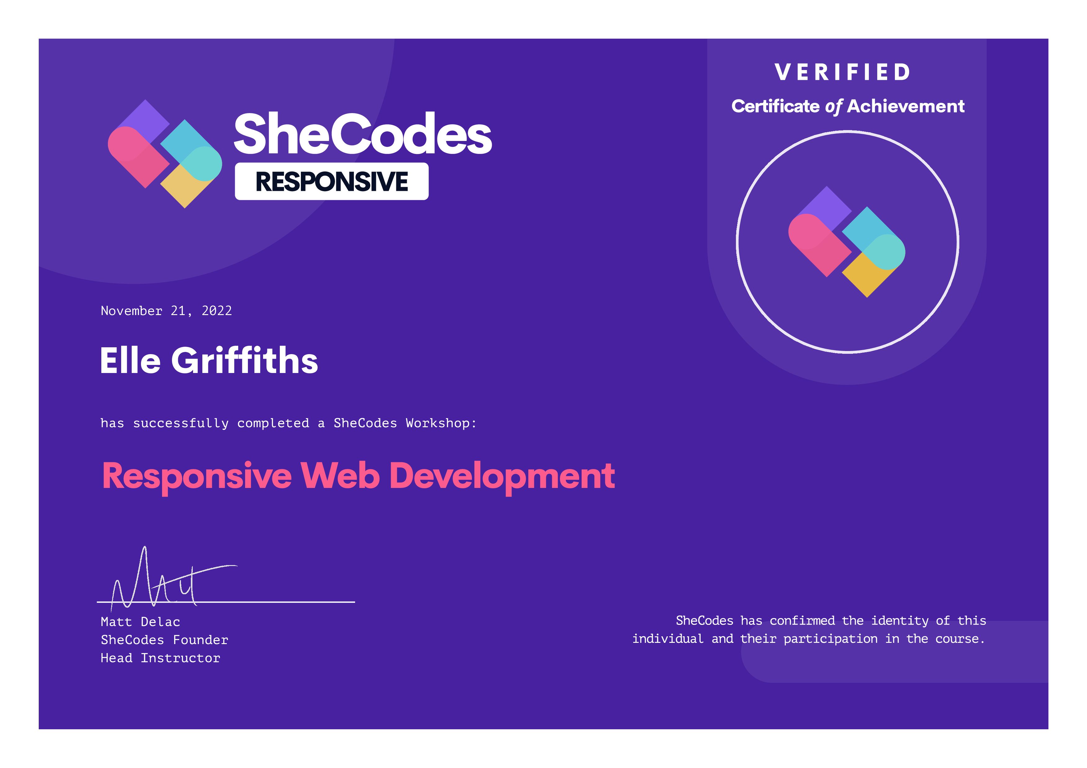 Certificate for completing Shecodes responsive web development course.