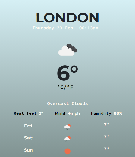 Image of a Weather app I created using HTML, CSS and JavaScript