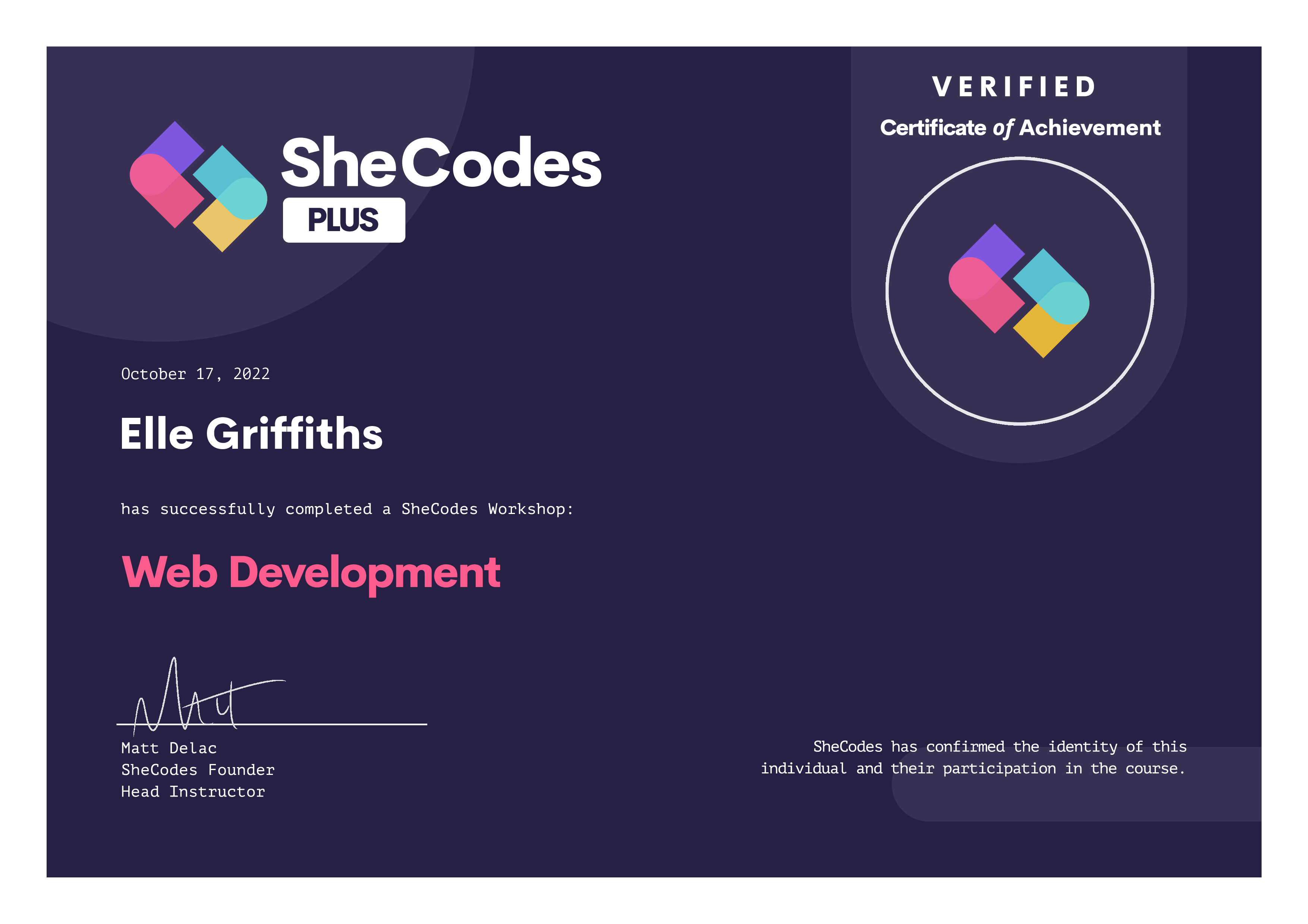 Certificate for completing Shecodes Plus course.
